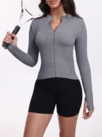Ribbed Zip-Up Long-Sleeve Jacket - Slim Fit Running & Yoga Layer - Image 5